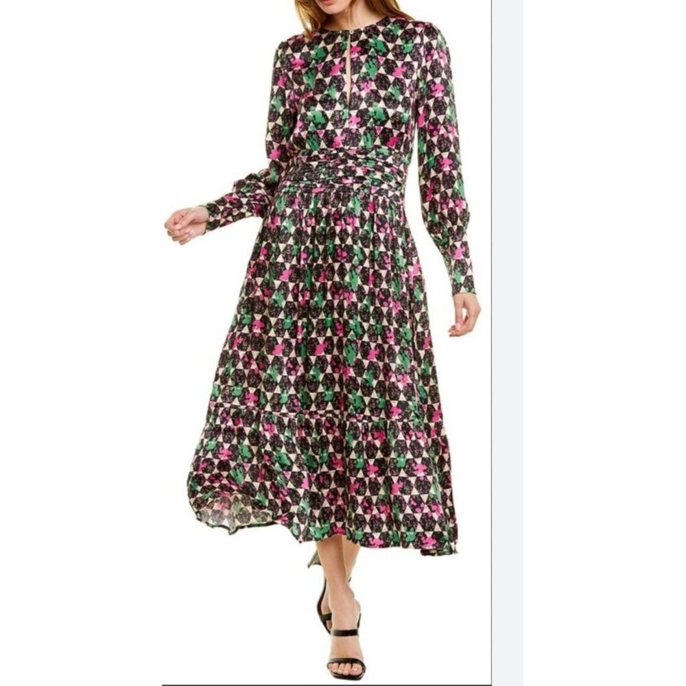 Host &‎ Var cotton midi satin dress geometric print ruched waist cocktail sz M